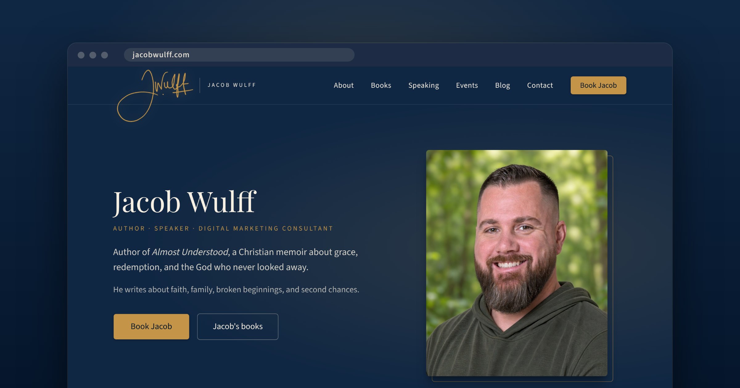 The home page of jacobwulff.com, Jacob Wulff's new website, showing his photo and his roles as author, speaker, and digital marketing consultant